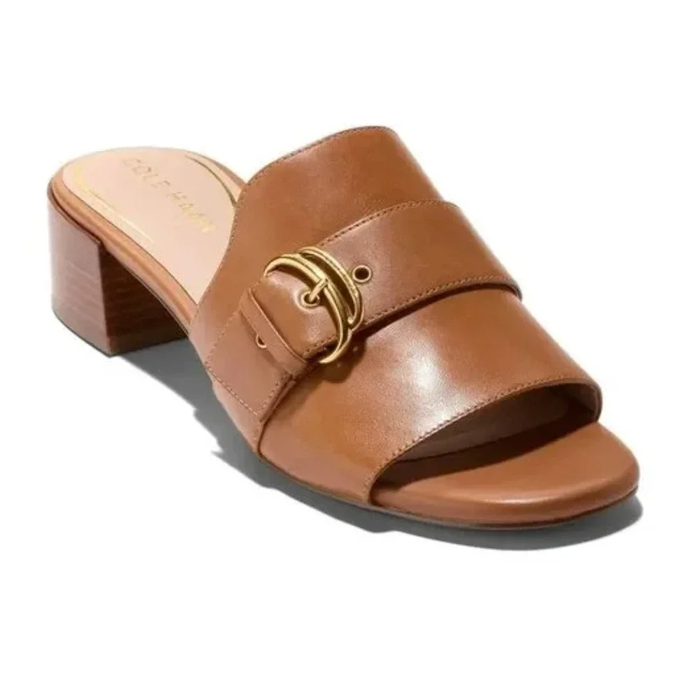 Cole Haan Crosby Slide Leather Sandal Women 10.5B Tan Block Heel Gold Buckle